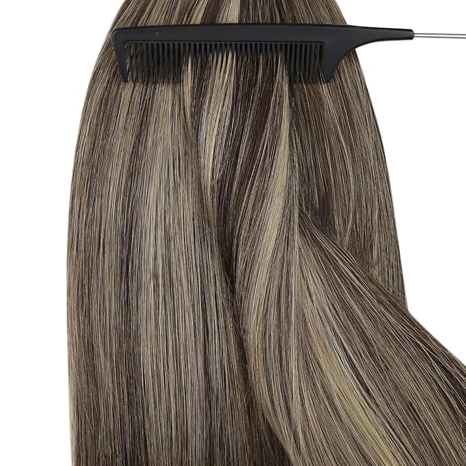 YoungSee Nano Ring Hair Extensions Brown Highlight Nano Beads Hair Extensions Real Human Hair Dark Brown Highlights Caramel Blonde for Daily Wear Nano-Link Remy Hair Extension 14 inch 50s 50g