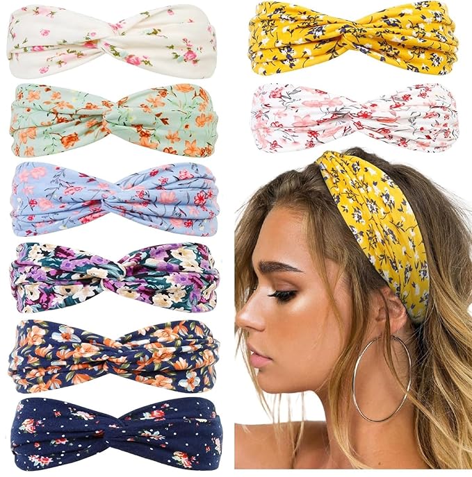Huachi Boho Headbands for Women Floral Print: Summer Twist Headband for Beach, Elastic Women's Fashion Head Bands