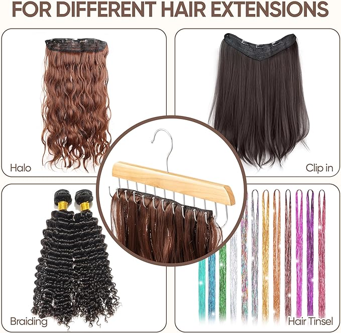 【2 Pack】 Wood Hair Extension Holder for Hair Storing, Washing, Drying, Coloring, Styling, Foldable Belt Hanger, Rotating Multi-Purpose Hooks Hanger, Hanging Closet Organizer