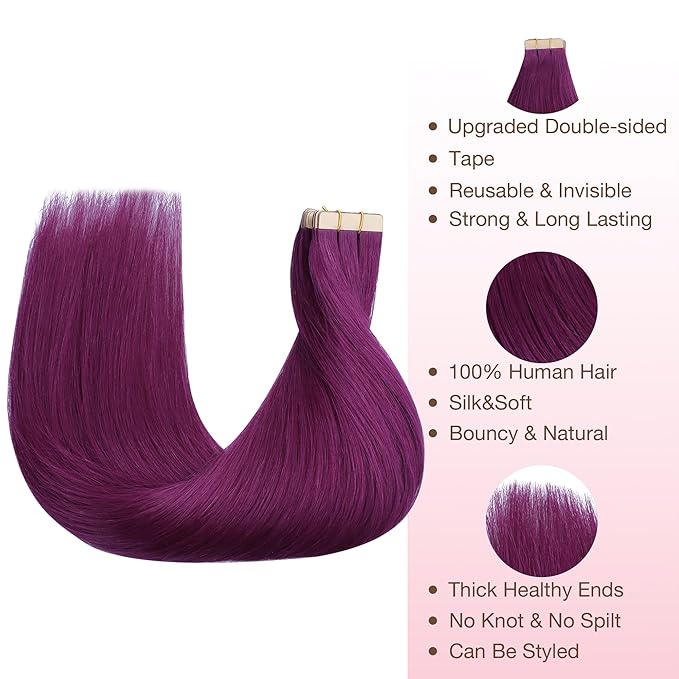 GOO GOO Tape in Hair Extensions Human Hair, Violet, 18inch 25g 10pcs, Colored Tape ins Human Hair Extensions, Silky&Soft Invisible Tape Ins, Hair Highlighted for Party