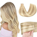 GOO GOO Tape in Hair Extensions Human Hair, 18A/613A Dark Blonde Highlighted Bleach Blonde, 16inch 50g 20pcs, Skin Weft Seamless Invisible, Silky Straight with Thick Ends, Remy Human Hair