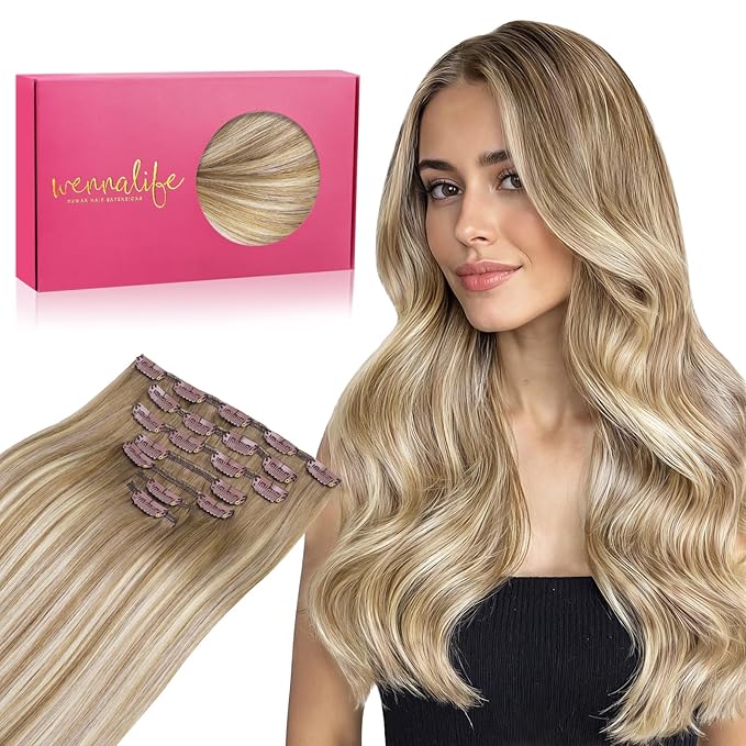 WENNALIFE Clip in Hair Extensions Real Human Hair, 22 Inch 120g 7pcs Balayage Dirty Blonde with Platinum Ends Remy Hair Natural Double Weft