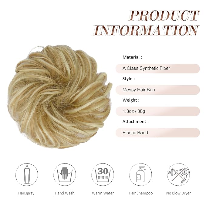 FESHFEN Messy Bun Hair Piece - Elastic Wavy Curly Hair Bun Scrunchies Extensions Synthetic Chignon Hairpieces for Women Girls, Light Ash Brown & Bleach Blonde 1.5 oz