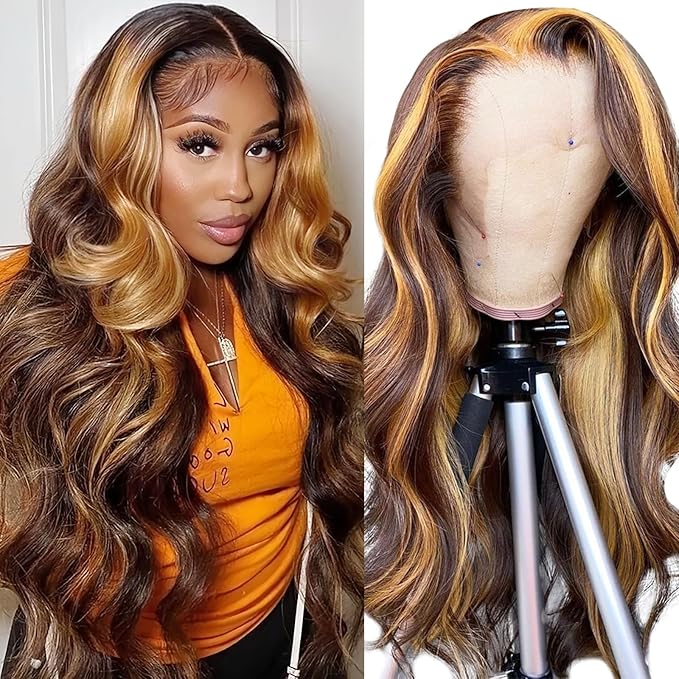 Honey Blonde Ombre Lace Front Wig Human Hair Pre Plucked 13x4 HD Transparent 4/27 Highlight Lace Frontal Wigs with Baby Hair 200% Density Colored Body Wave Lace Front Wigs For Women 22 Inch