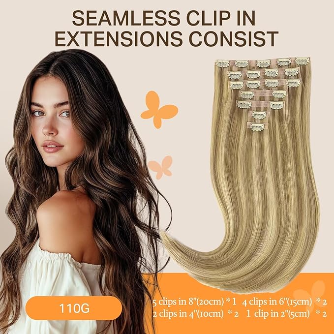 DOORES Hair Extensions Real Human Hair, Light Blonde Highlighted Golden Blonde 12 Inch 80g 7pcs, Remy Extensions Seamless Clip in Straight Invisi Edge Thick Weft