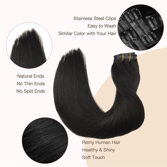 GOO GOO Clip in Hair Extensions Real Human Hair, Remy Human Hair Extensions Clip ins for Women, Natural Human Hair, 18inch 110g 7Pcs, 1B Natural black
