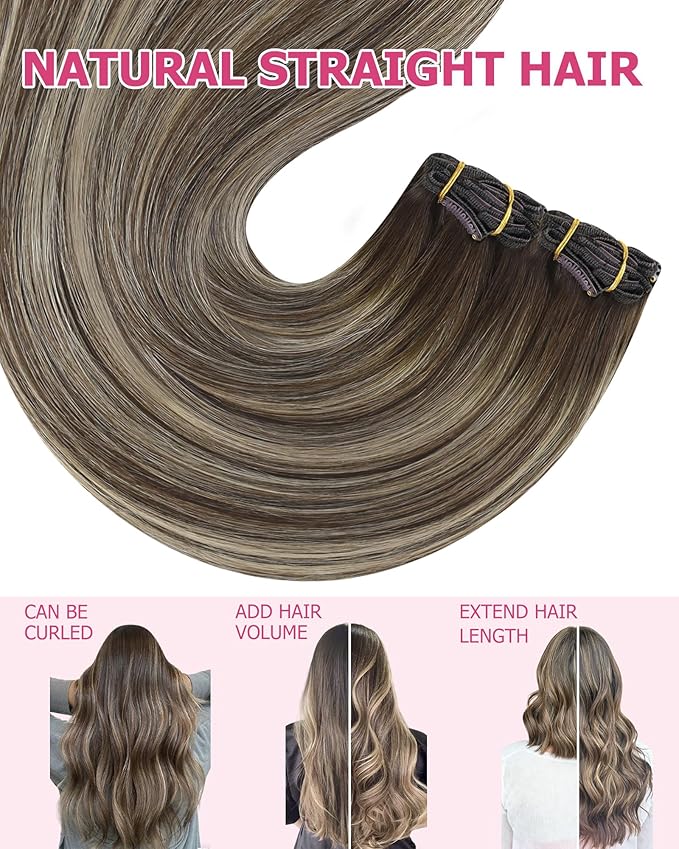 YoungSee 135G Clip in Human Hair Extensions Brown Balayage Hair Extensions Clip ins Chocolate Brown with Ash Blonde Invisible Clip on Brown Hair Extension Long-Lasting Add Volume 18Inch 7Pcs