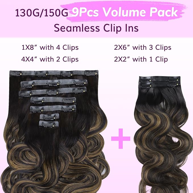 IDN BEAUTY Seamless Clip In Hair Extensions Human Hair Body Wave 150g 1B/6/1B Balayage Natural Black to Chestnut Brown Remy Hair Seamless Clip Ins For Black Women PU Invisible Edge 22 Inch 9pcs