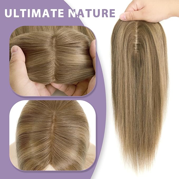 Toppers Hair Pieces for Women #TAC, 3x5 Inch Injected Silk Base 12 Inch Length 130% Density Real Human Hair Toppers
