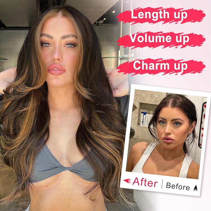ALXNAN Clip in Hair Extensions,Balayage Dark Brown to Chestnut Long Wavy Hair Extensions Soft Synthetic Thick Hairpieces for Women 20 Inch