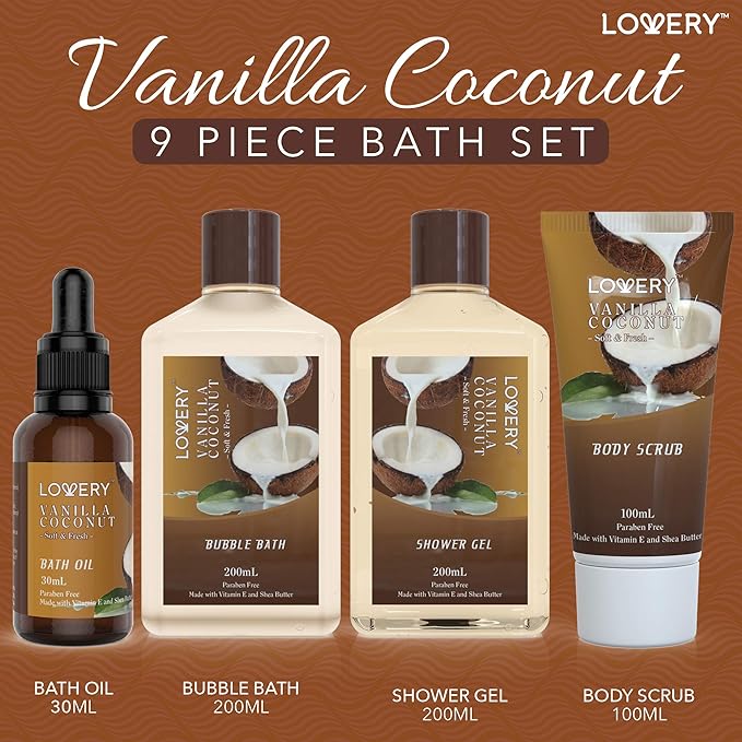 Gifts For Women Gift Basket for Women– 9 Piece Christmas Gifts Set of Vanilla Coconut Home Spa Set, Luxurious Holiday Bath and Body Sets Includes Fragrant Lotions, Extra Large Bath Bombs, Coconut Oil