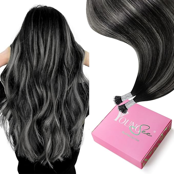 YoungSee Nano Beads Hair Extensions Ombre Nano Ring Extensions Human Hair Black Balayage Nano-Link Hair Extension Ombre Black to Silver Nano-Extension Human Hair for Women 50g 50s 14 Inch
