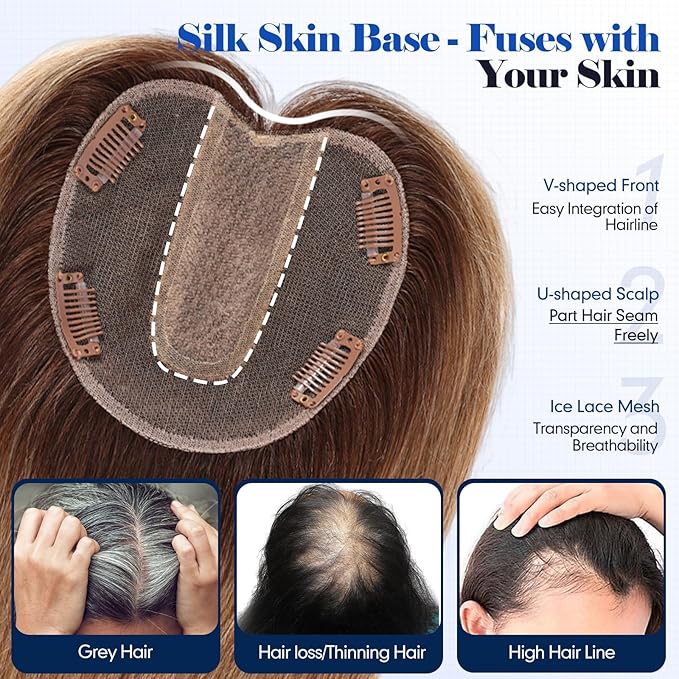 HAIRCUBE Hair Toppers For Women With Thinning 5"*5" Large Base Real Hair Toppers For Women, 14 Inch For Hand-Woven, 60g, Silk, Natural, realistic, Use Daily, Hairloss, Ombre Light Brown, No Bangs