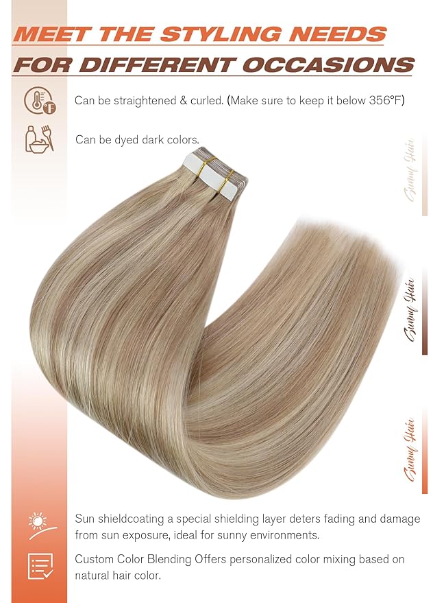Sunny Hair Blonde Tape in Hair Extensions Human Hair Ash Blonde Highlight Bleach Blonde Hair Extensions Tape in 24 Inch Remy Tape in Txtensions for Women Wedding 20Pcs 50g