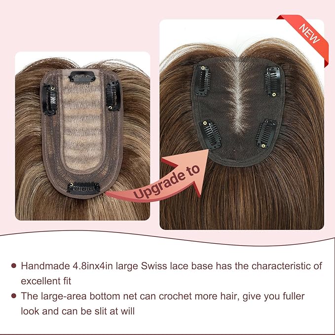 YAMI Real Human Hair Toppers for Women, 12 Inch, Dark Brown, Swiss Lace Base, Medium Density, Full Top Coverage, Clips Attachment