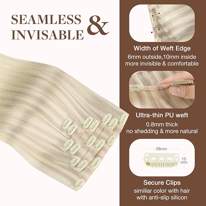 GOO GOO Clip in Hair Extensions Real Human Hair, Remy Human Hair Extensions Clip ins for Women, Natural Human Hair, 14inch 130g 9Pcs, 17/22/60 Balayage Ash Blonde to Golden Blonde and Platinum Blonde