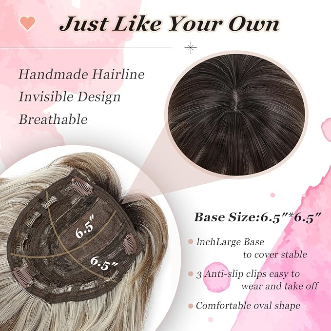 Hair Topper, 360° 3D Hair Toppers for Women with Thinning Crown, 20 Inch Long Wavy Curly Hair Pieces Clip in Bangs (Highlights Light Brown Mix Blonde with Brown Root, 20 inch, French Bangs)