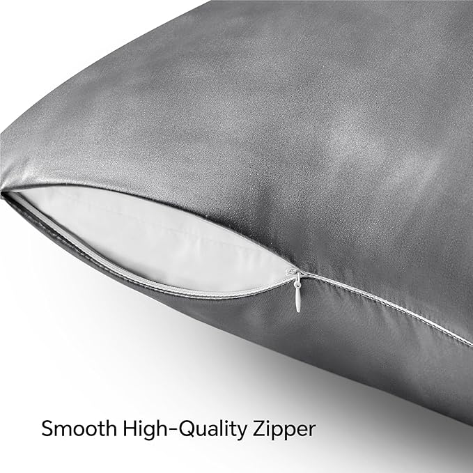 BEDELITE Satin Pillowcase with Zipper 4 Pack, Dark Grey Pillow Cases Standard Size, Super Soft and Cooling Similar to Silk Pillow Cases, Gift for Women Men(20x26 Inches)