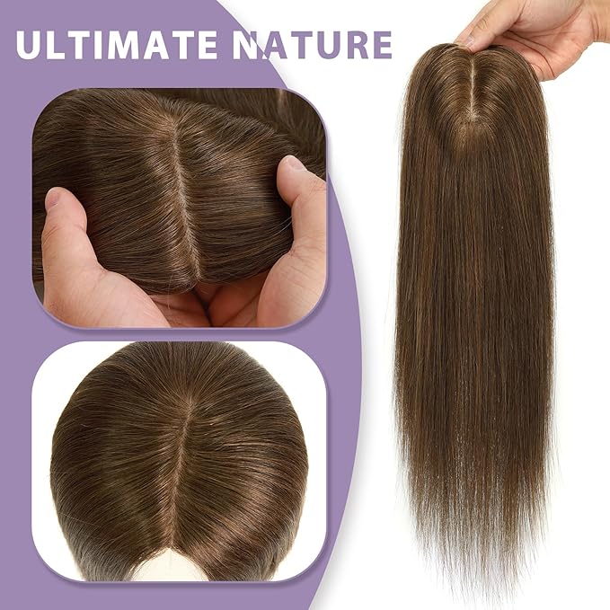 3x5 Inch Injected Silk Base Hair Toppers for Women, 12 Inch Length 130% Density Real Human Hair Pieces #2A Brown