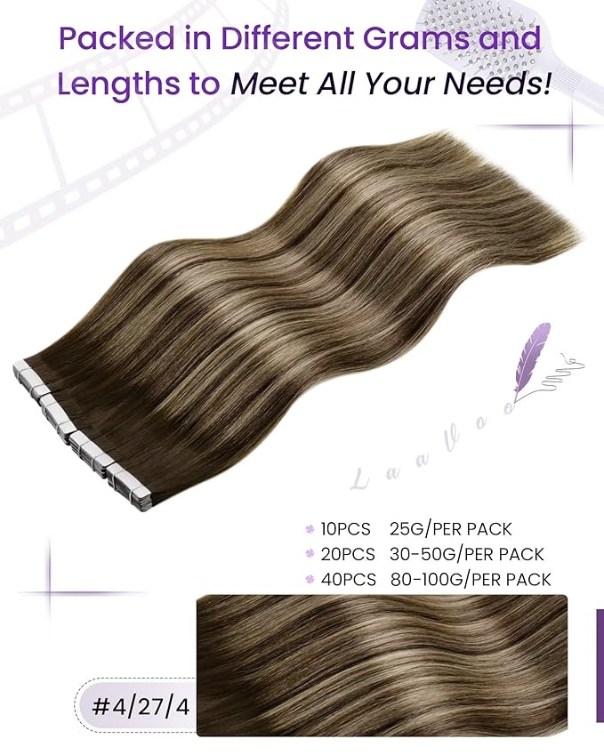LaaVoo Tape in Extensions Human Hair Brown Balayage Tape in Hair Extensions Human Hair 40pcs 100G Dark Brown to Strawberry Blonde Real Hair Extensions Tapes ins Seamless 14 Inch