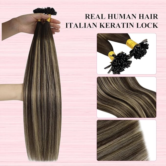 YoungSee Utip Hair Extensions Ombre Dark Brown with Ash Blonde U Tips Hair Extensions Human Hair Ombre 24In 1G/S 50G