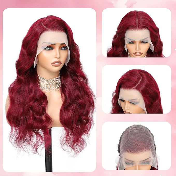 26 Inch 99j Burgundy Lace Front Wigs Human Hair 13x6 HD Transparent Burgundy Wig Human Hair 200 Density Pre Plucked Glueless Frontal Wigs Human Hair for Black Women