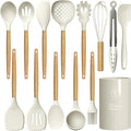 Silicone Cooking Utensils Set - 446°F Heat Resistant Silicone Kitchen Utensils for Cooking,Kitchen Utensil Spatula Set w Wooden Handles and Holder, BPA FREE Gadgets for Non-Stick Cookware (Khaki)