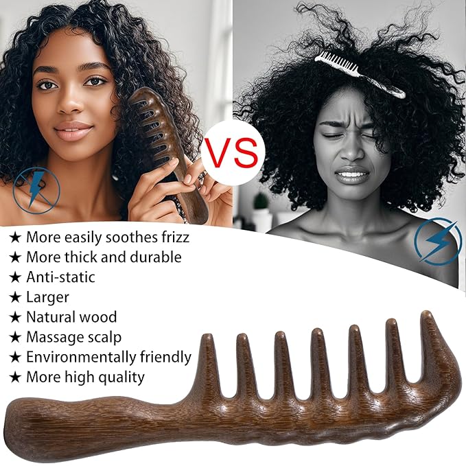 Wooden Wide Tooth Comb, 2 Pack Large Thicken Natural Sandalwood Hair Combs for Curls, Women and Men, Detangles Long Thick Wet or Dry Hair, Head Scalp Massager, Anti-static (Golden Sandalwood)