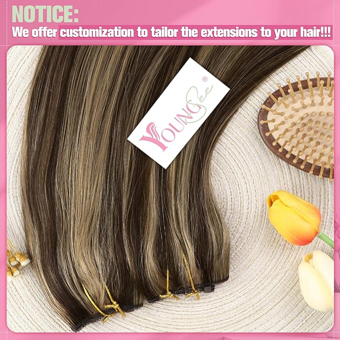 YoungSee Highlight Wire Hair Extensions Real Human Hair Invisible Wire Hair Extensions Dark Brown Highlights Caramel Blonde Fish Line Hair Extension Human Can Be Dyable 14inch 80g