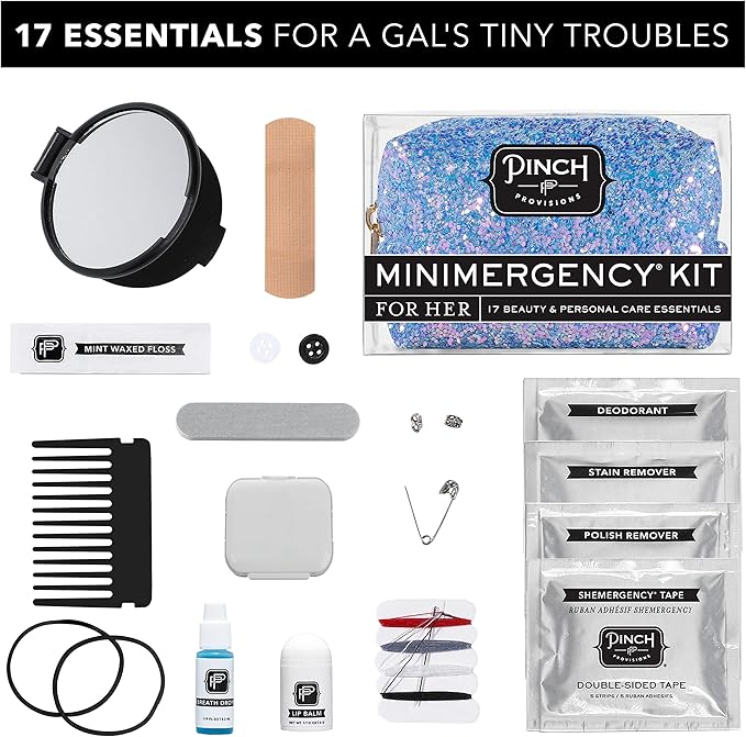 Pinch Provisions Blue Periwinkle Minimergency Kit, includes 17 Travel-Sized Cosmetic Essentials, Convenient for Purses, Emergency Beauty Accessories, Gifts for Holiday’s & Birthday’s
