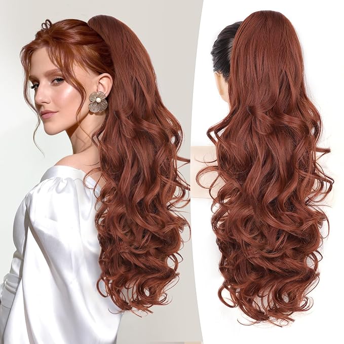 ALXNAN Ponytail Extension,24 Inch Claw Clip in Long Curly Wavy Reddish Orange Ponytail Hair Extension Jaw Clip on Pony Tails Hairpiece for Women