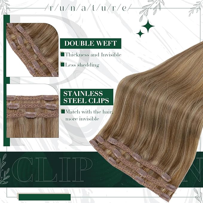 RUNATURE Blonde Clip in Hair Extensions, Real Human Hair Clip in Extensions, Remy Hair Extensions Clip Ins, Add Hair Volume, 14 Inch 50g 3pcs #10P16 Dark Blonde Highlight Caramel Blonde