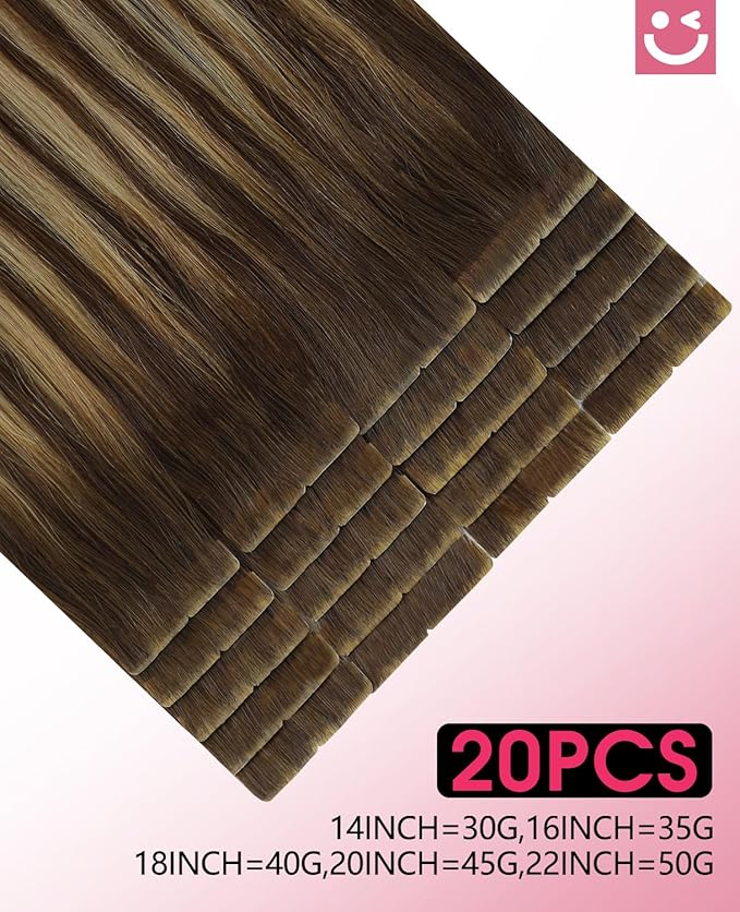 Youngsmile Invisible Tape in Hair Extensions Human Hair Balayage #4/27/4 Chocolate Brown to Caramel Blonde 20pcs 30g 14 Inch Injection Tape in Hair Extensions Human Hair (#4/27/4,14'')