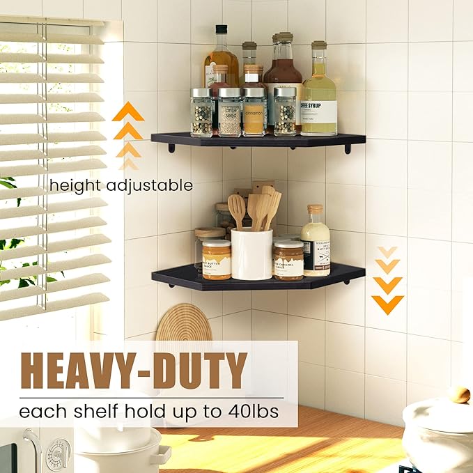 Corner Shelf Wall Mount, Floating Corner Shelves, Set of 2 Corner Wall Shelf Organizer, Rustic Wood Wall Storage Display Shelves for Living Room Bedroom Bathroom Kitchen, Classic Black