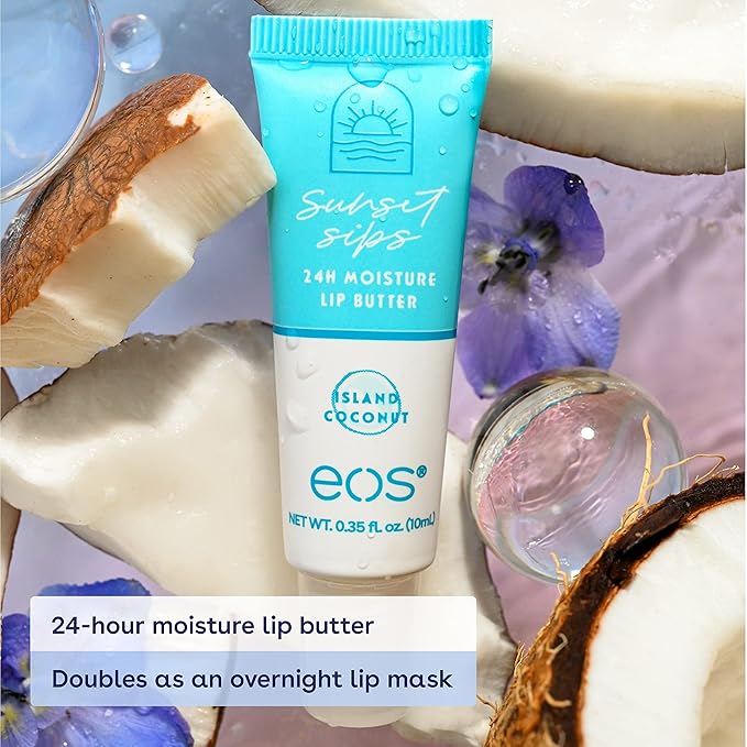 eos Sunset Sips Lip Butter Trio- Includes Pink Lemonade, Island Coconut & Wild Cherry Slushie Flavors, 24-Hour Moisture, Doubles as an Overnight Lip Mask, 3-Pack
