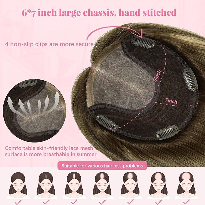 Hair Toppers for Women Real Human Hair, 360° Cover Topper 12inch 55g Hair Pieces for Women with Thinning Chocolate Brown Mixed Caramel Blonde Add Volume 6x7inch (#4/27/4Toppers-12inch)