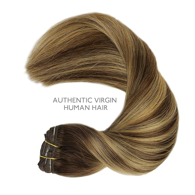 WENNALIFE Clip in Hair Extensions, 150g 14 Inch 9pcs Balayage Chocolate Brown to Caramel Blonde Remy Hair Thicker Double Weft Extensiones De Cabello Humano Con Clip Ins Straight Full Volume