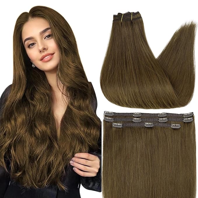 Full Shine Brown Clip in Hair Extensions Color 4 Chocolate Brown Seamless Clip in Hair Extensions Human Hair Straight Natural Hair Invisible Hair Extension Lace Weft 14 Inch 3 PCS 60 G