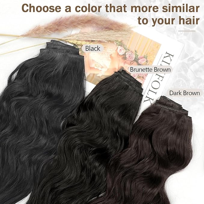 KooKaStyle Clip in Synthetic Hair Extensions Long Wavy 4PCS Thick Hairpieces Dark Brown 6# Fiber Double Weft Natural Hair Extensions 16 Inch for Women