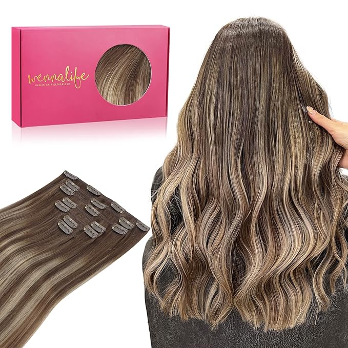 WENNALIFE Clip in Hair Extensions Real Human Hair, 14 Inch 120g 7pcs Balayage Chocolate Brown to Honey Blonde Hair Extensions Clip in Human Hair Remy Clip in Hair Extensions Real Human Hair