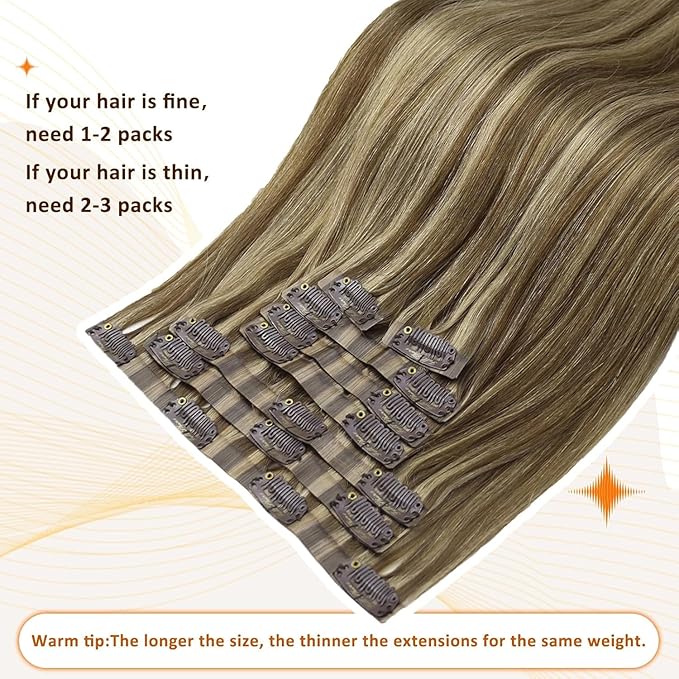 Full Shine Clip in Hair Extensions Dark Brown Human Hair Clip ins with Caramel Blonde Highlights Invisible Clip in Hair Extensions Human Hair 20 Inch PU Weft Add Volume 8 PCS 120 G