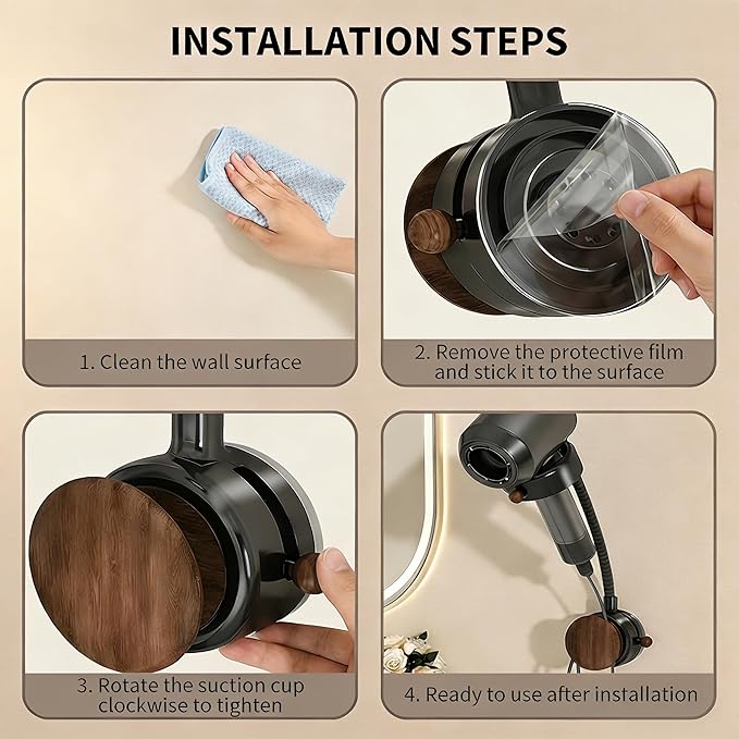 Hands Free Hair Dryer Holder, Suction Cup Wall Mount Blow Dryer Holder Stand with Flexible Adjustable Neck, 360° Rotation, Quick Install on Smooth Surfaces - for Bathroom Organization, Apartments & Dorms