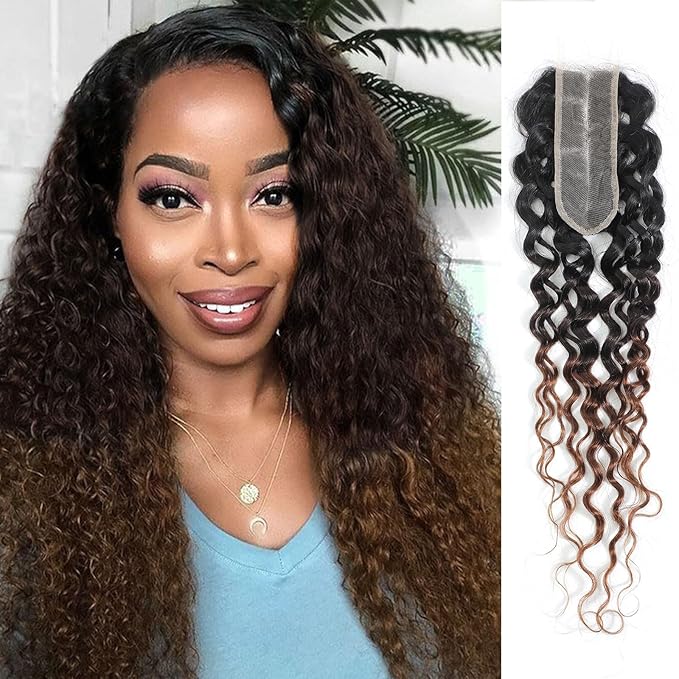 T1B/2/30 Ombre 2x6 Water Wave Lace Closure 100% Real Human Hair 12 Inch Chestnut Brown Ombre Water Wave Transparent Lace Closure