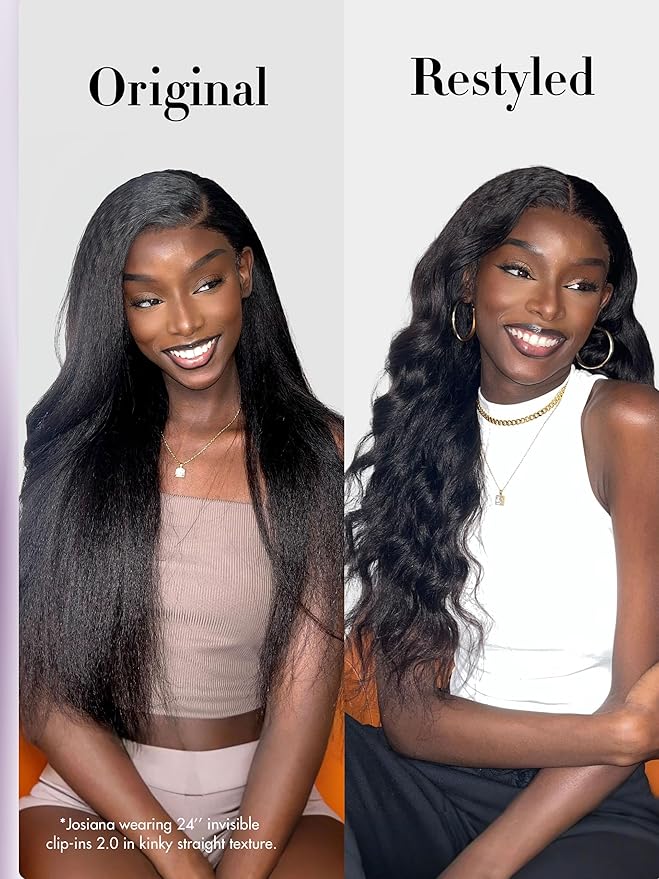 LUVME Invisible Clip in Hair Extensions, Kinky Straight Real Human Hair 24 Inch 2 Pack 220g 14pcs Clip ins Hair Extensions Natural Black for Women