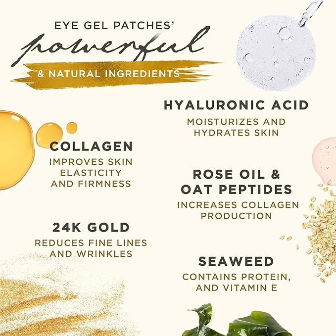 Under Eye Gel Pads, Collagen Eye Patches for Puffy Eyes, Dark Circles, and Wrinkles, 24K Gold Eye Mask with Hyaluronic Acid, Vegan, Cruelty-Free, Hydrating Eye Pad,15 Pairs