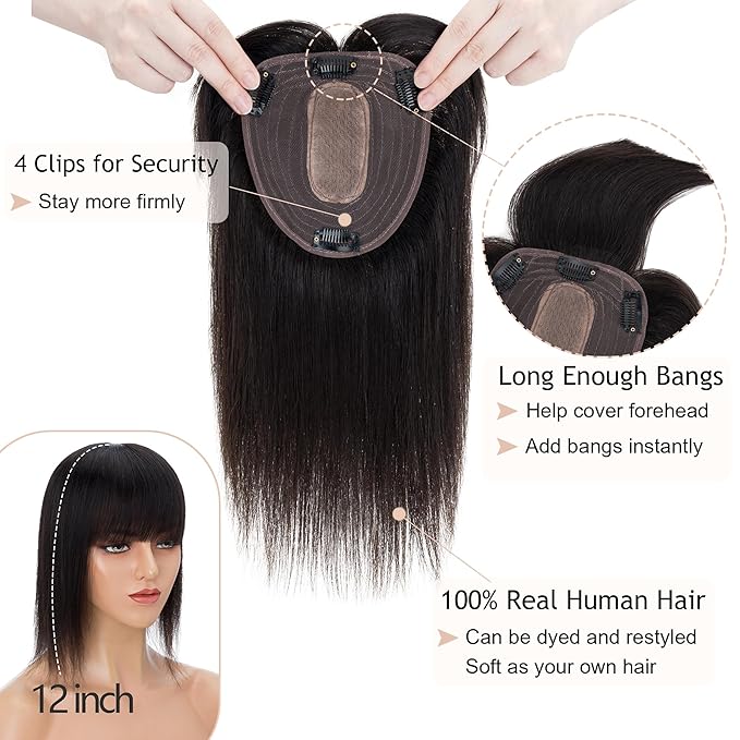 Hair Toppers for Women Real Human Hair With Bangs, 13 * 15 cm Larger Silk Base 150% Density Clip In Topper Hairpieces, Wiglet Top Pieces Add Volume -12 Inch 01B Natural Black
