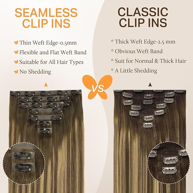 DOORES Seamless Clip-in Hair Extensions Real Human Hair, Chocolate Brown to Caramel Blonde 24 Inch 160g 7pcs, Invisi Edge Remy Hair Straight Weft