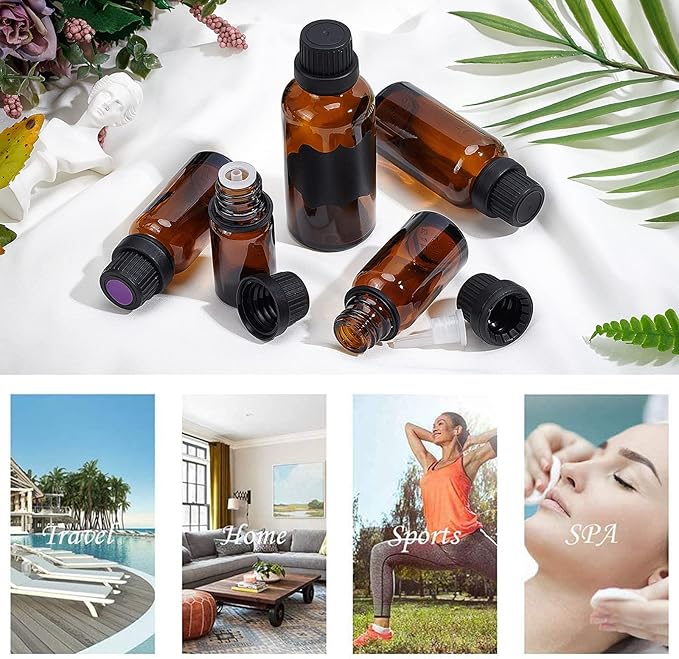 BENECREAT 24 Pack 10ml Brown Glass Essential Oil Bottles Refillable Container Kits with Plastic Droppers, Funnel Hoppers and Sticker for Aromatherapy Fragrance Cosmetic Oil