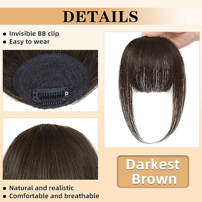 NAYOO Clip In Bangs Real Human Hair, Darkest Drown Wispy Bangs Fringe with Temples Hairpieces for Women Natural Curved Hair Extensions for Daily Wear