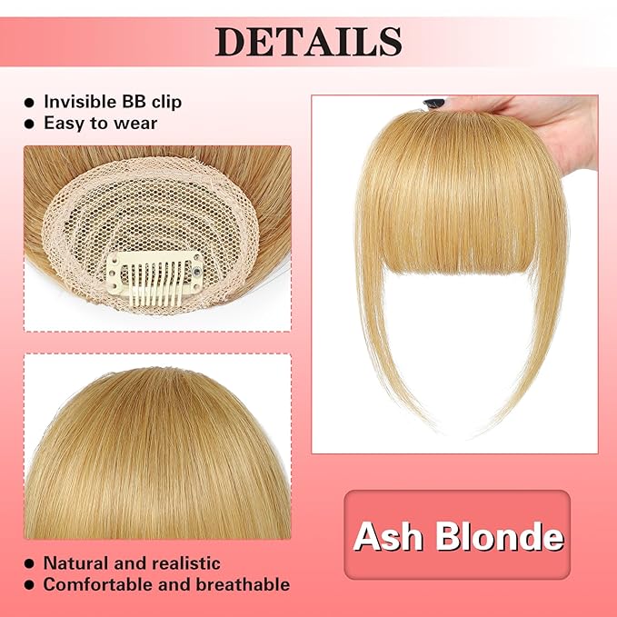 NAYOO Bangs Hair Clip in Bangs 100% Real Human Hair Extensions French Bangs Clip on Air Bangs for Women Hairpieces Curved Bangs for Daily Wear（Ash Blonde）